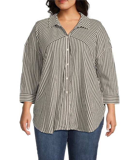 Westbound Plus Size Point Collar Button Front Long Sleeve Shirt, Black White - Image 1