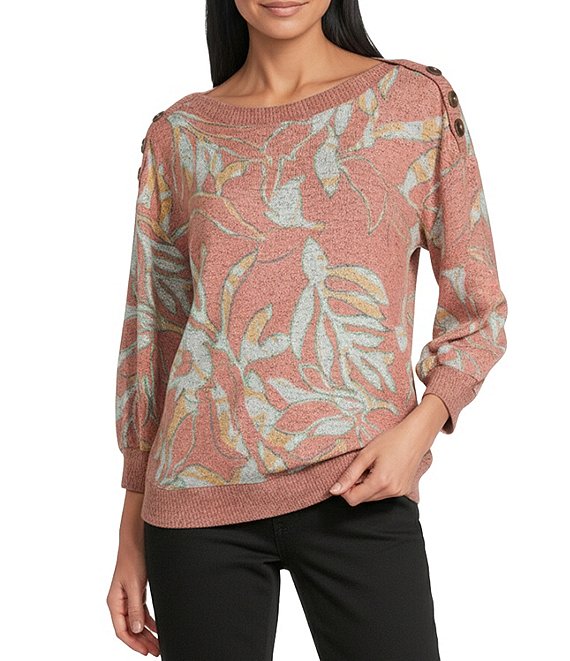 Westbound Sunset Leaf Print Knit Long Sleeve Button Shoulder Pullover Top, Tea Rose Sunset Leaf - Image 1