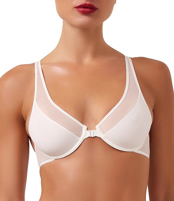 Wolford Sheer Mesh Front-Closure Plunge Racerback Bra, Salt - Image 1