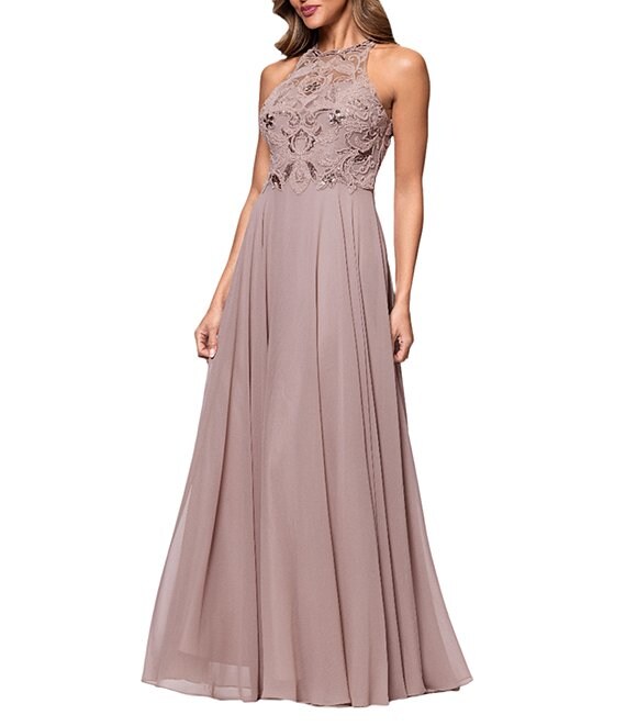 Xscape Petite Size Illusion Halter Beaded Mesh Bodice Chiffon A-Line Gown, Taupe - Image 1