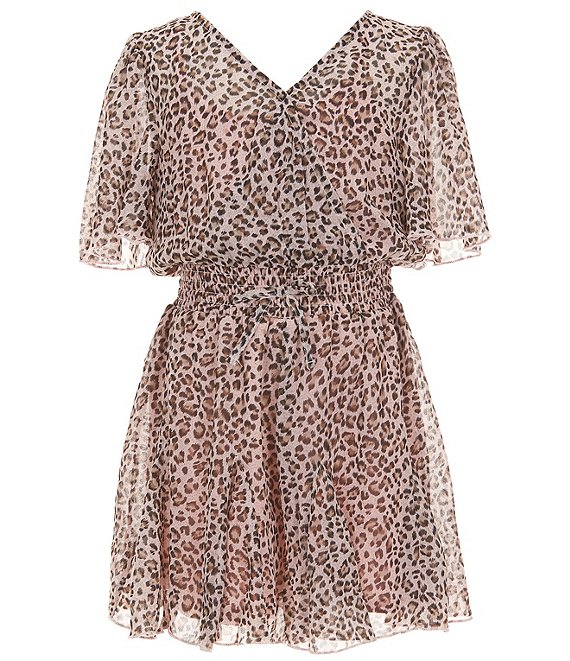 Zunie Big Girls Flutter-Sleeve Animal-Printed Chiffon Romper, Blush/Brown - Image 1