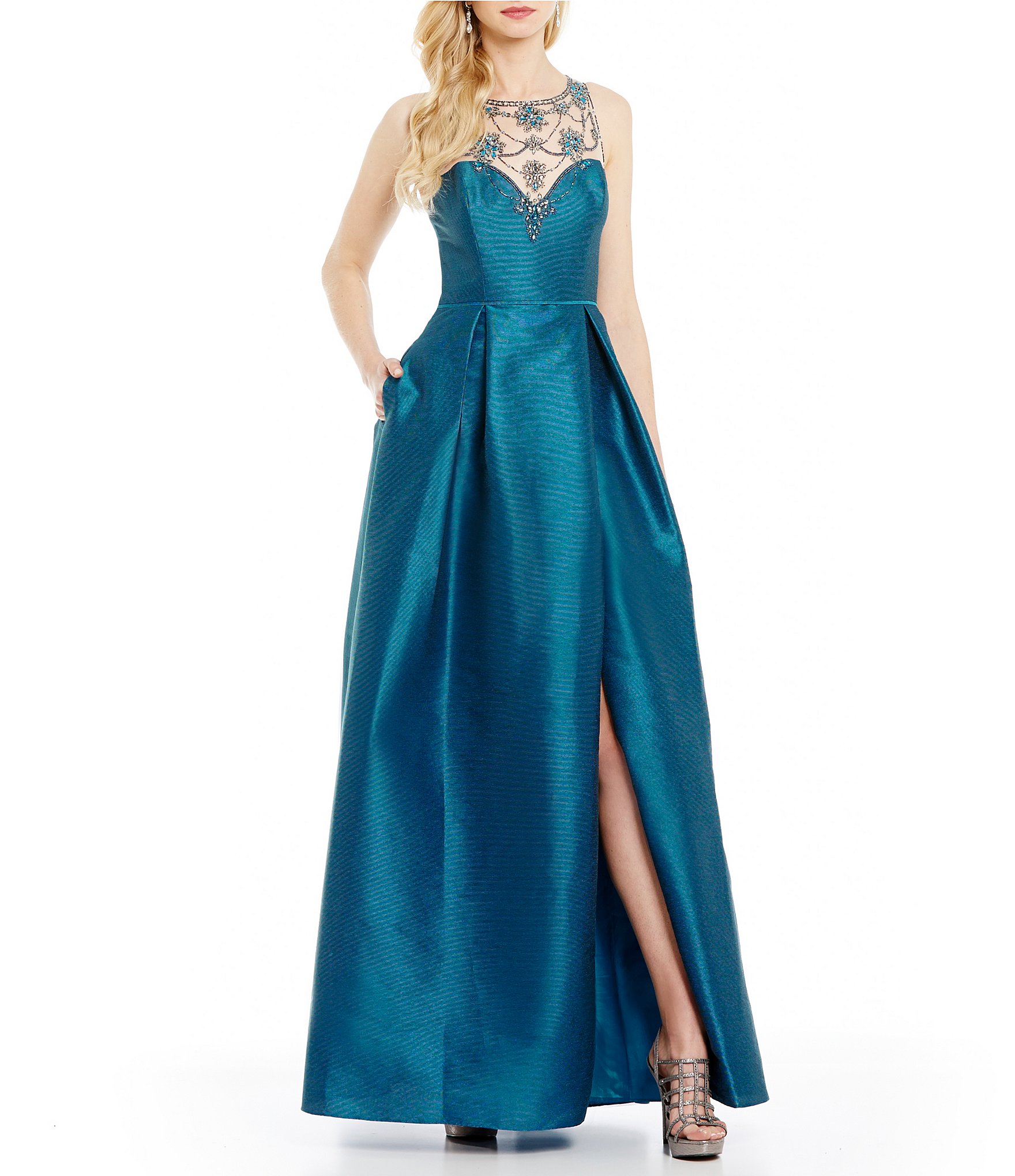 adrianna papell sleeveless gown with illusion