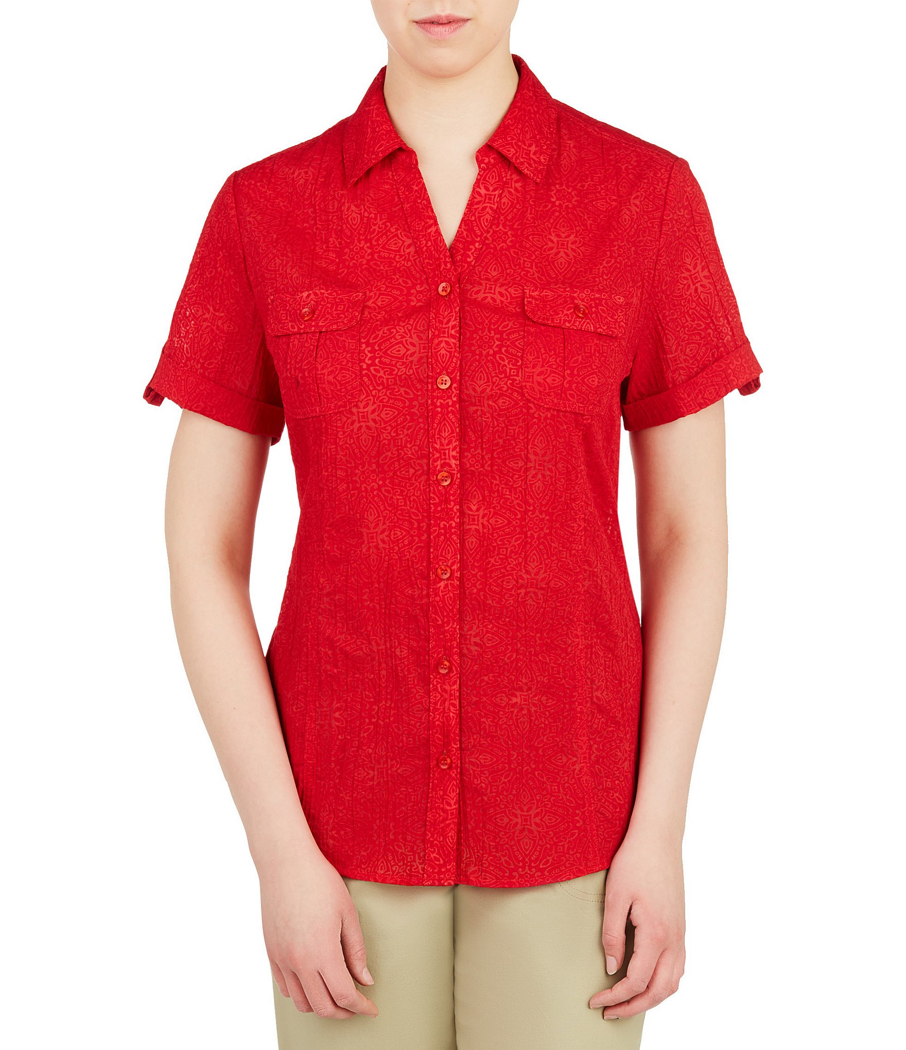 Allison Daley Short Roll-Tab Sleeve Solid Crinkle Burnout Button-Front Blouse | Dillards