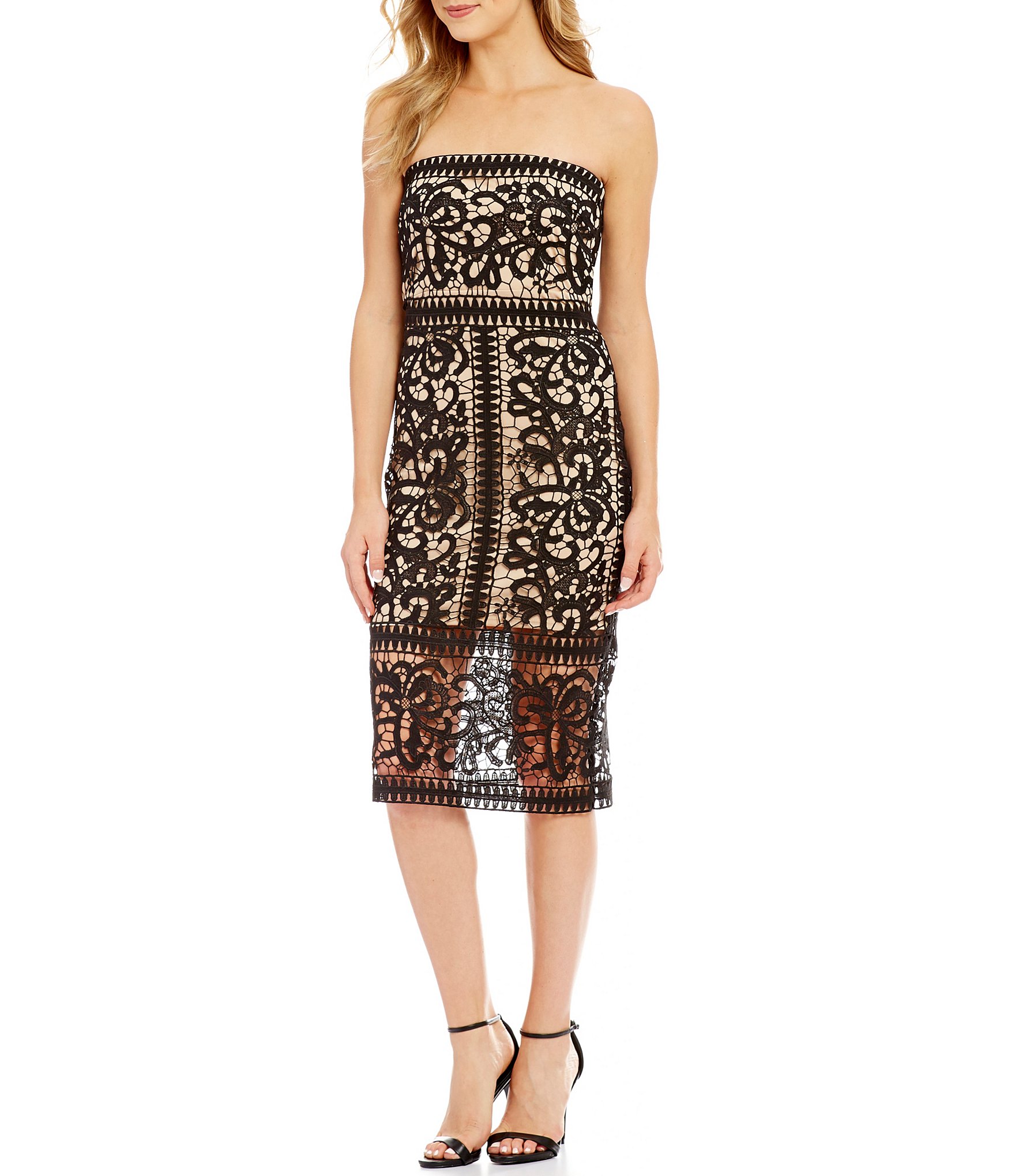 jump strapless lace midi sheath dress dillards jump strapless lace midi sheath dress dillards