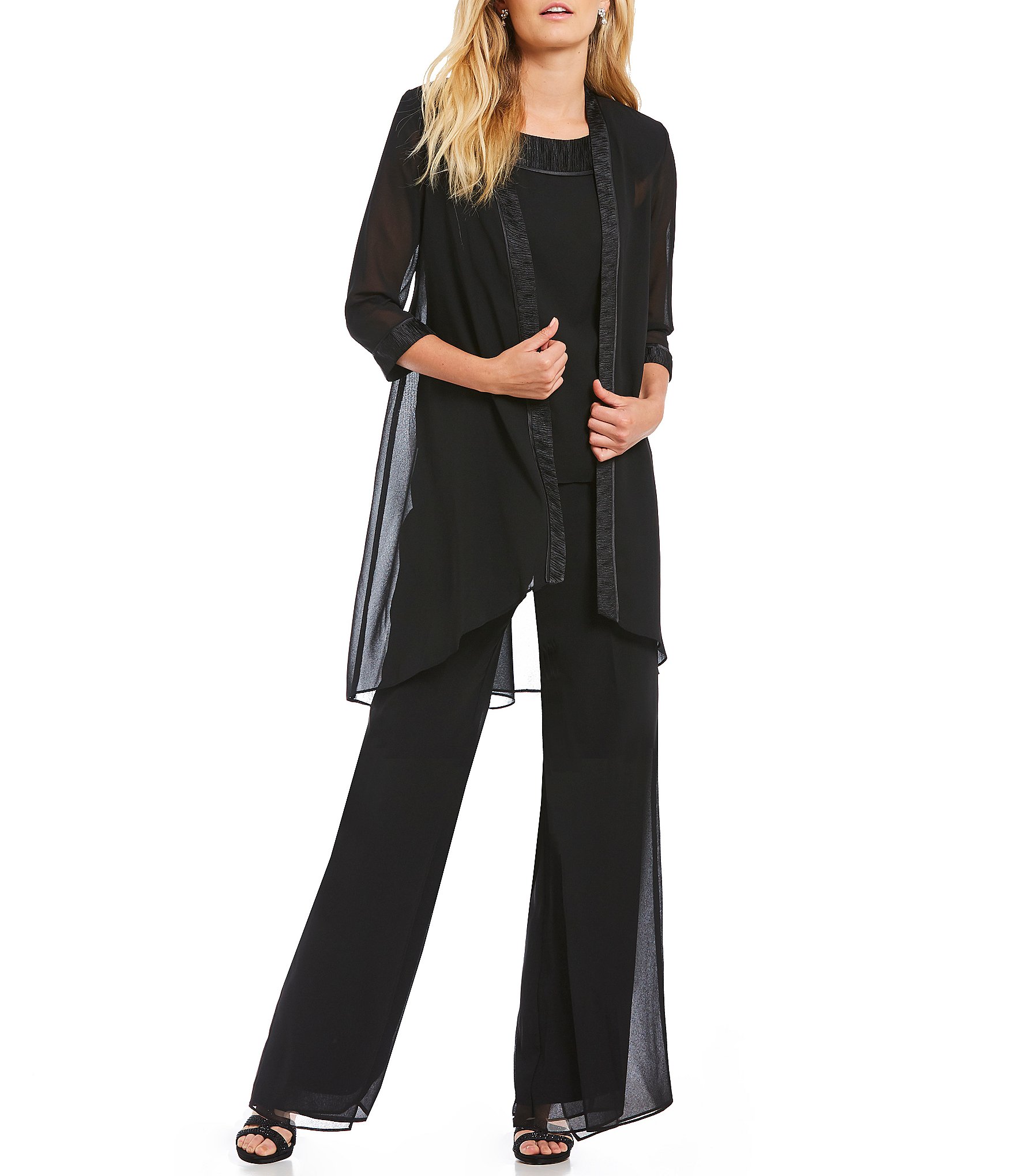 Dressy pant sets and chiffon suits that work for any daytime or evening formal occasion.