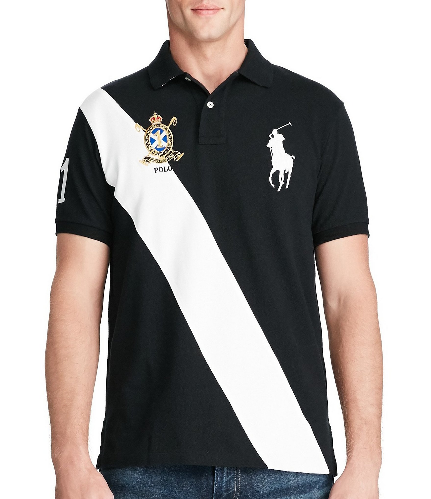 black polo shirt with white horse