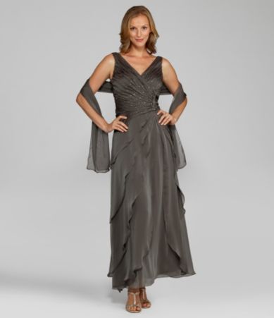 Ignite Evenings Ruched Asymmetric-Tiered Gown with Wrap