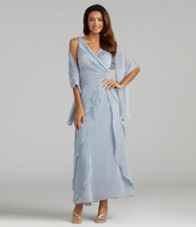 Ignite Evenings Ruched Asymmetric-Tiered Gown with Wrap