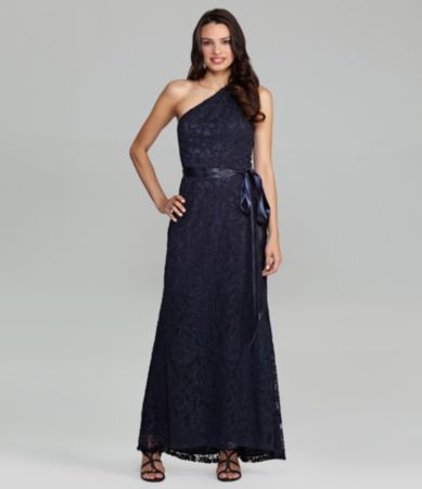 Betsy & Adam One-Shoulder Lace Gown