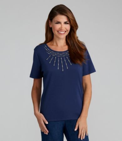 Samantha Grey Embellished Short-Sleeve Knit Top