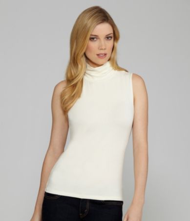 Leo & Nicole Petites Sleeveless Ruched Mockneck Top