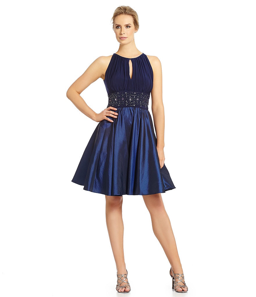 Jessica Howard Petite Satin Keyhole Halter Dress | Dillards