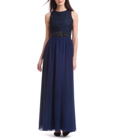 Belle Badgley Mischka Lace-Bodice Georgette Gown | Dillards