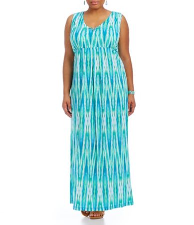 Ruby Rd. Plus Beaded Feather Ikat-Print Maxi Dress | Dillards.com