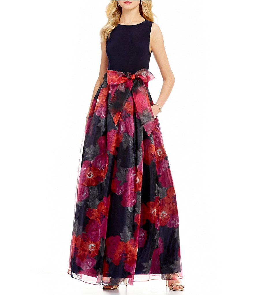 Eliza J Jewel Neck Sleeveless Floral Print Organza Ball Gown | Dillards