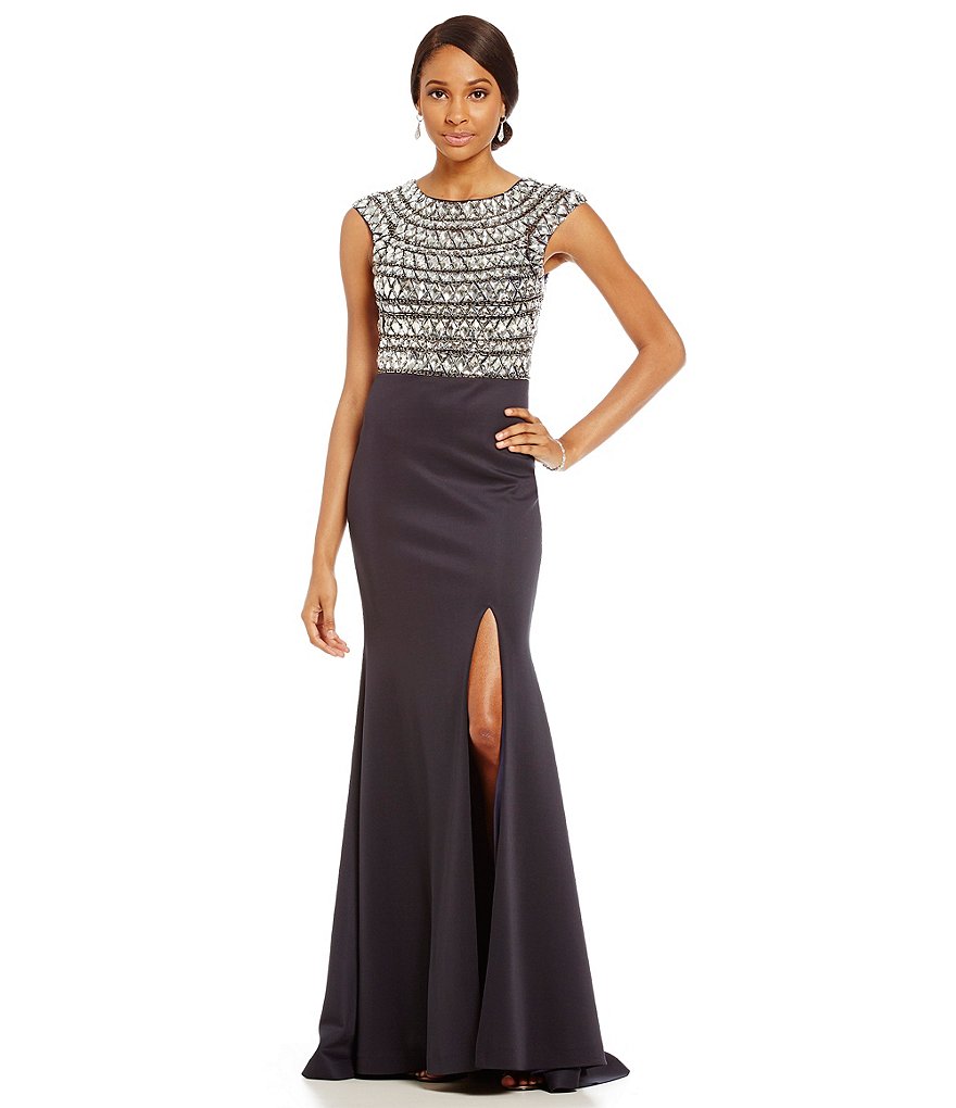 Terani Couture Beaded Bodice High Slit Gown | Dillards