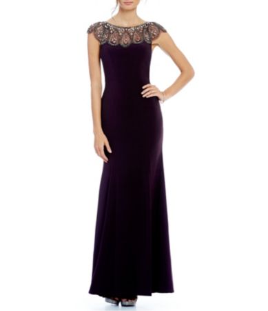 Xscape Beaded Neckline Cap Sleeve Gown | Dillards