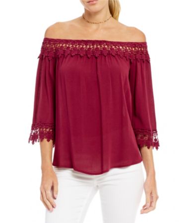 Jolt Off-The-Shoulder 3/4-Sleeve Crochet Trim Top | Dillards