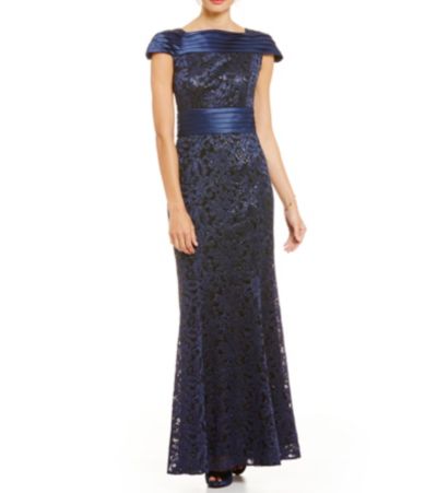 Ignite Evenings Cap-Sleeve Banded Lace Gown | Dillards