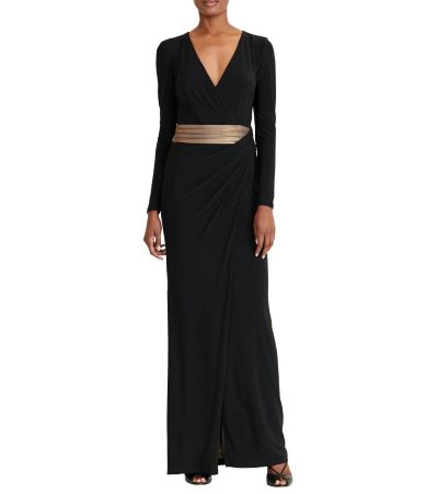Lauren Ralph Lauren Jersey Gold-Waist Long Sleeve Gown | Dillards