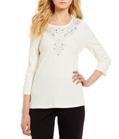 Allison Daley Petite Crew Neck 3/4 Sleeve Embroidered Solid Top | Dillards