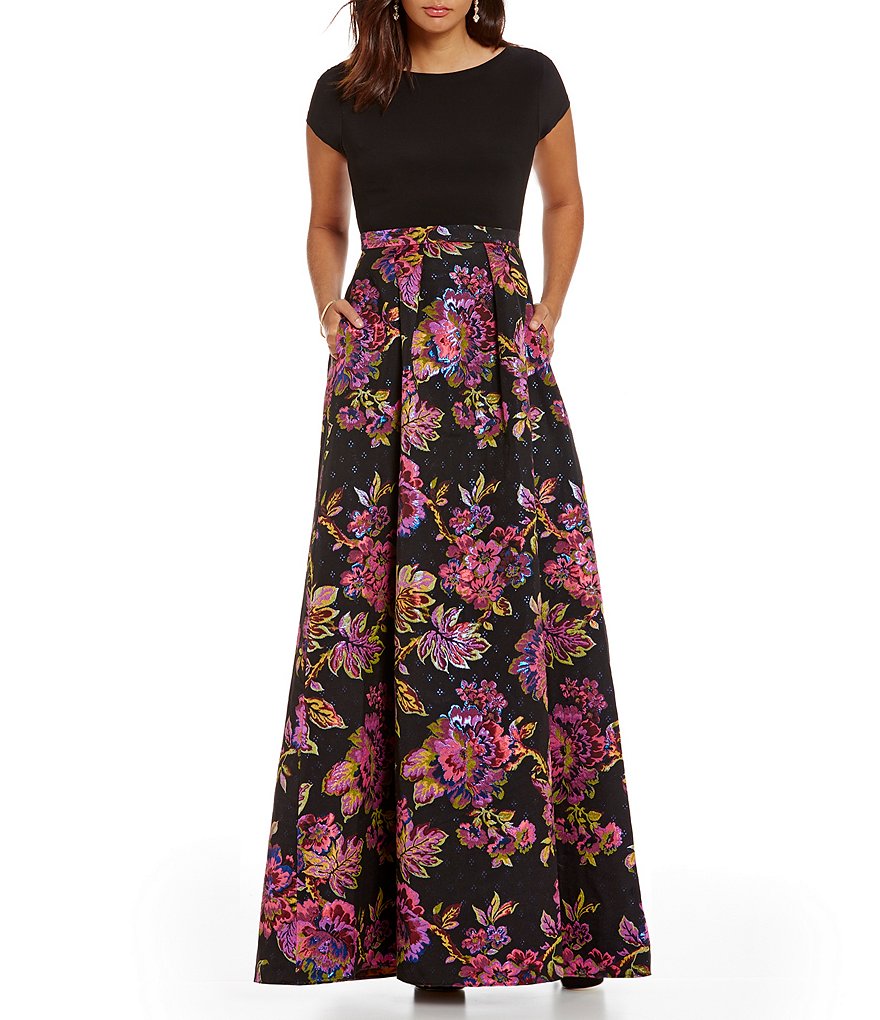 Adrianna Papell Boat Neck Short Sleeve Floral Jacquard Ball Gown | Dillards