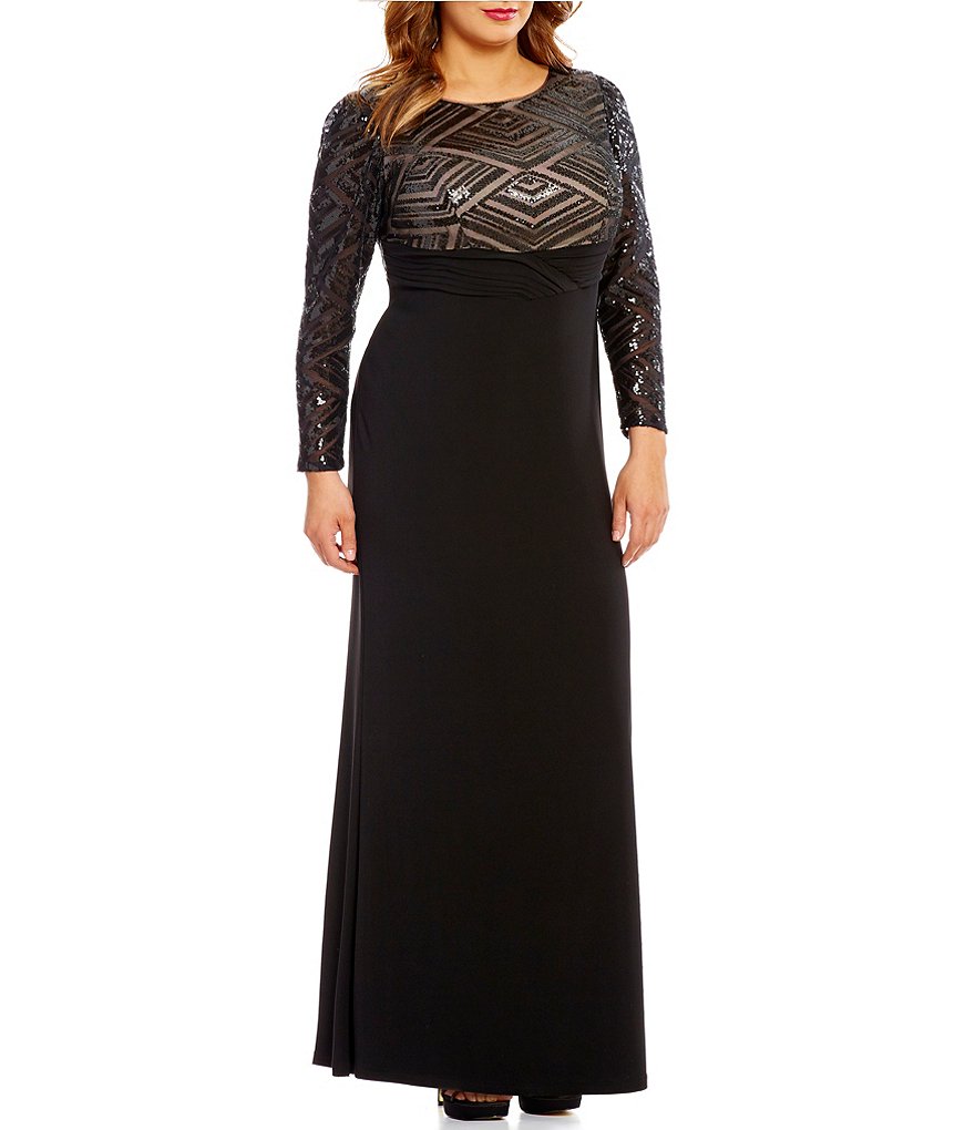Cachet Plus Sequined-Bodice Long Sleeve Jersey Gown | Dillards