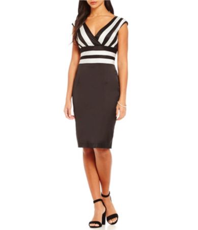 Kay Unger Banded Stretch Satin V-Neck Sheath Dress | Dillards