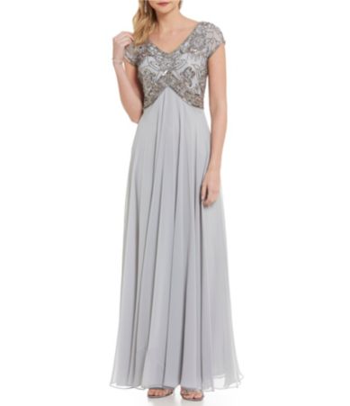 Jkara Petite V-Neck Floral Beaded Chiffon Gown | Dillards