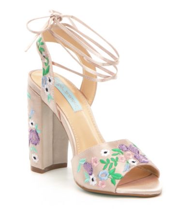 Betsey Johnson Raine Satin Floral Embroidered Ankle Tie Dress Sandals ...