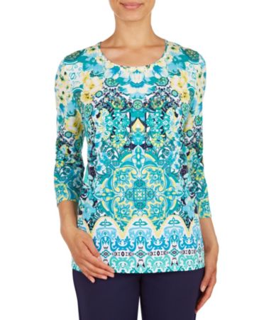 Allison Daley Petites Scroll Print 3/4 Sleeve Embellished Knit Top ...