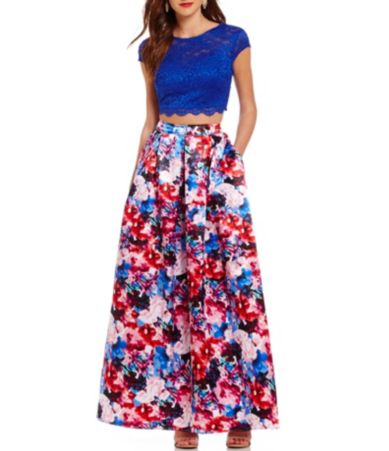 Teeze Me Illusion-Yoke Lace Top To Floral Skirt Two-Piece Ball Gown ...
