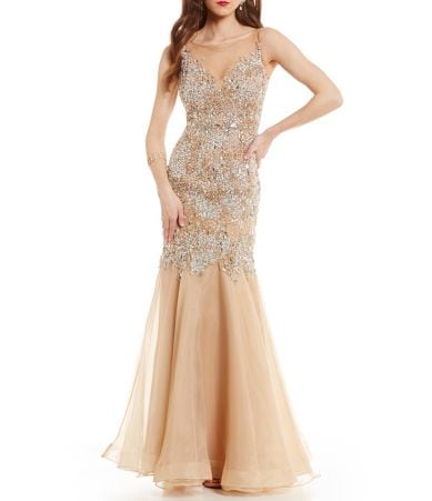 Glamour by Terani Couture Illusion Neckline Beaded Trumpet Dress | Dillards