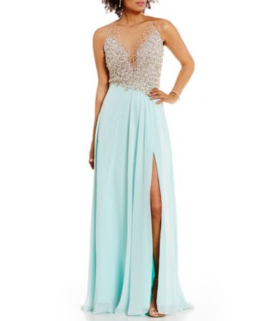 Glamour by Terani Couture Illusion Beaded Bodice Long Dress | Dillards