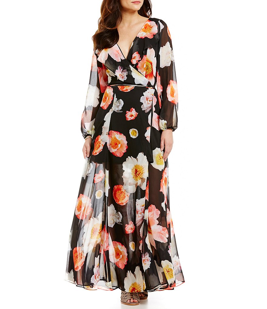 GB Floral Surplice V-Neck Long-Sleeve Ruffle Wrap Maxi Dress | Dillards