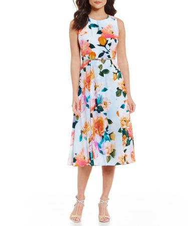 Calvin Klein Belted Floral Midi Dress | Dillards