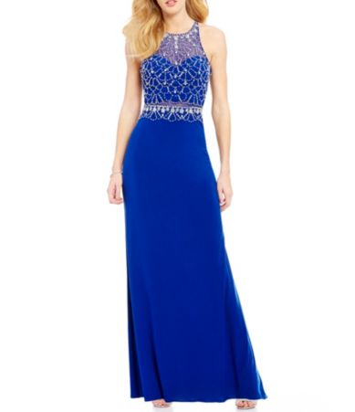 Blondie Nites High Neck Beaded Bodice Illusion Waist Long Dress | Dillards