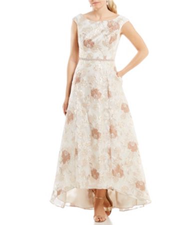 Cachet Cap-Sleeve Floral Brocade Hi-Low Gown | Dillards