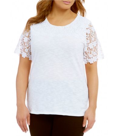 Allison Daley Plus Wide Crew-Neck Lace Trim Short Sleeve Knit Top ...