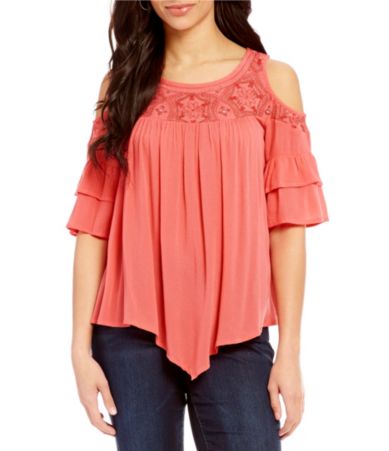 Democracy Scoop Neck Flounce Sleeve Cold-Shoulder Top | Dillards