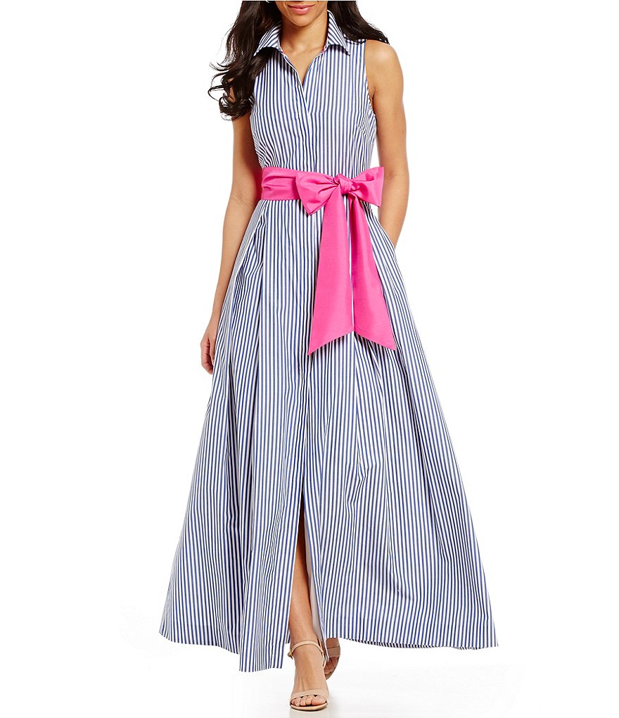 Eliza J Collared Sleeveless Stripe Maxi Shirt Dress | Dillards