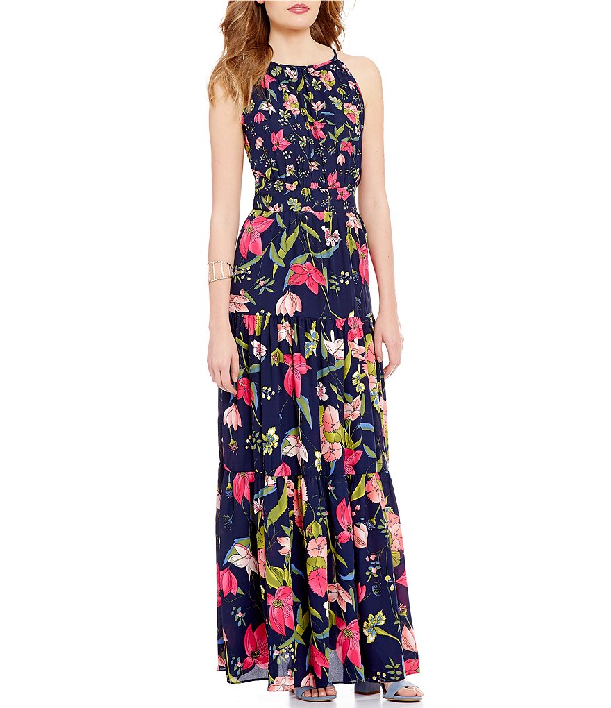 GB Floral Print Tiered Keyhole-Back Maxi Dress | Dillards