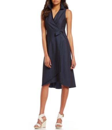 Ivanka Trump Dressy Stretch Denim Faux-Wrap Hi-Low Hem Dress | Dillards