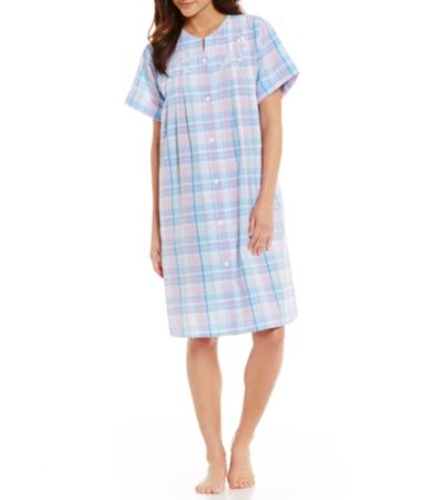 Miss Elaine Floral-Embroidered Plaid Seersucker Snap-Front Robe | Dillards