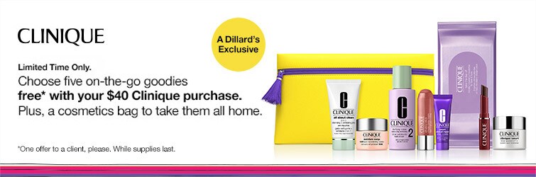 Shop Clinique - Choose five on-the-go goodies free* with your $40 Clinique purchase. Plus, a cosmetics bag to take them all home.
