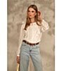 Color:New Ivory - Image 6 - Crew Neck Long Cuffed Sleeve Button Front Ruffle Organdy Blouse