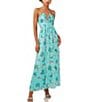 Color:Ocean Teal - Image 1 - Floral Printed Halter Sleeveless Maxi Dress