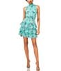 Color:Ocean Teal - Image 1 - Floral Printed Mock Neck Tiered Sleeveless Smocked Waist Mini A-Line Dress