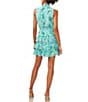 Color:Ocean Teal - Image 2 - Floral Printed Mock Neck Tiered Sleeveless Smocked Waist Mini A-Line Dress