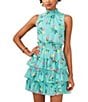 Color:Ocean Teal - Image 3 - Floral Printed Mock Neck Tiered Sleeveless Smocked Waist Mini A-Line Dress